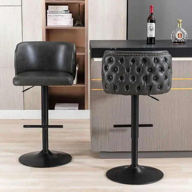 Alt view image 2 of 6 - Leather Bar Stools Set of 2PU Upholstered Swivel Counter Height Bar StoolsModern Adjustable High Barstools with Backs Metal Tall Kitchen Island Chairs for Home Bar& Counter Stools(Black,Set of 2)