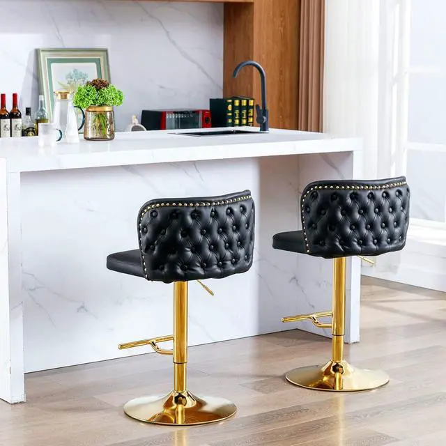 Alt view image 6 of 6 - Leather Bar Stools Set of 4,PU Upholstered Swivel Counter Height Bar Stools,Modern Adjustable High Barstools with Backs Metal Tall Kitchen Island Chairs for Home Bar (Black Gold,Set of 4)