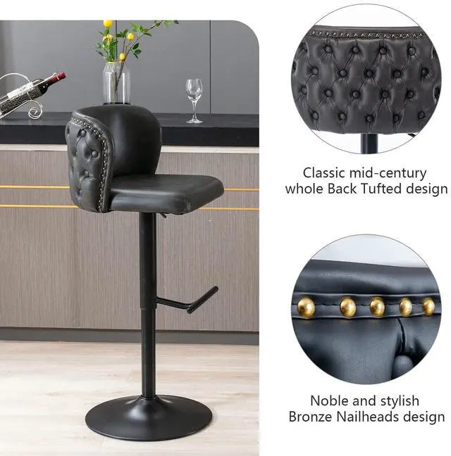 Alt view image 5 of 6 - Leather Bar Stools Set of 2PU Upholstered Swivel Counter Height Bar StoolsModern Adjustable High Barstools with Backs Metal Tall Kitchen Island Chairs for Home Bar& Counter Stools(Black,Set of 2)