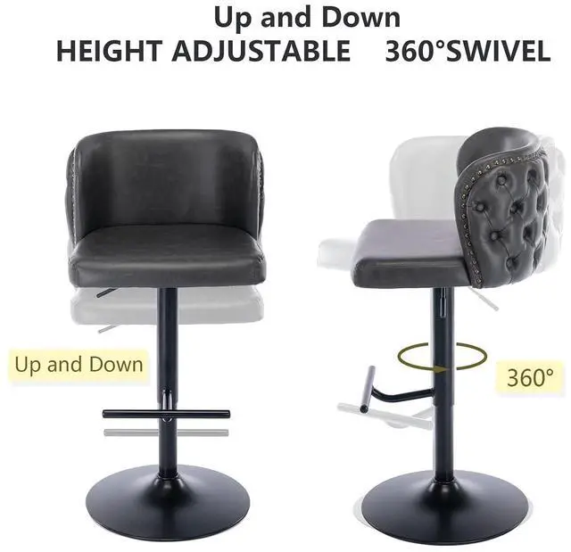 Alt view image 4 of 6 - Leather Bar Stools Set of 2PU Upholstered Swivel Counter Height Bar StoolsModern Adjustable High Barstools with Backs Metal Tall Kitchen Island Chairs for Home Bar& Counter Stools(Black,Set of 2)