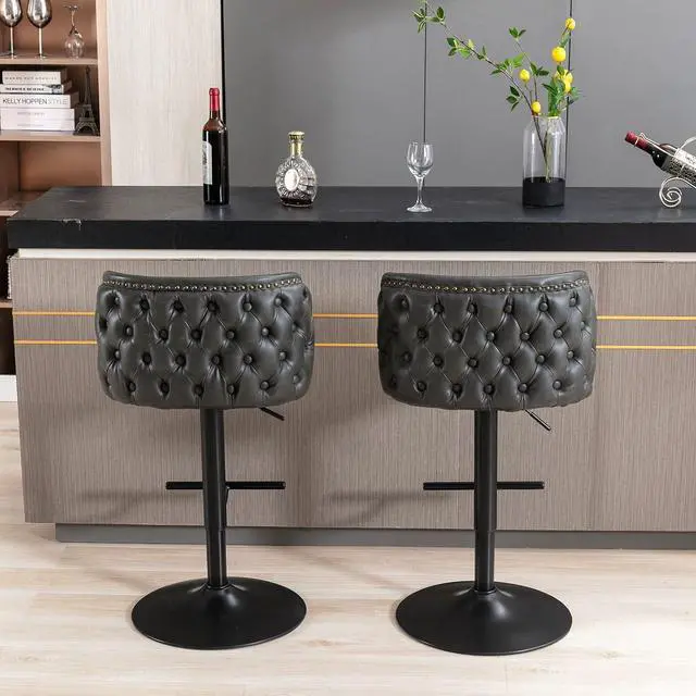 Alt view image 6 of 6 - Leather Bar Stools Set of 2PU Upholstered Swivel Counter Height Bar StoolsModern Adjustable High Barstools with Backs Metal Tall Kitchen Island Chairs for Home Bar& Counter Stools(Black,Set of 2)