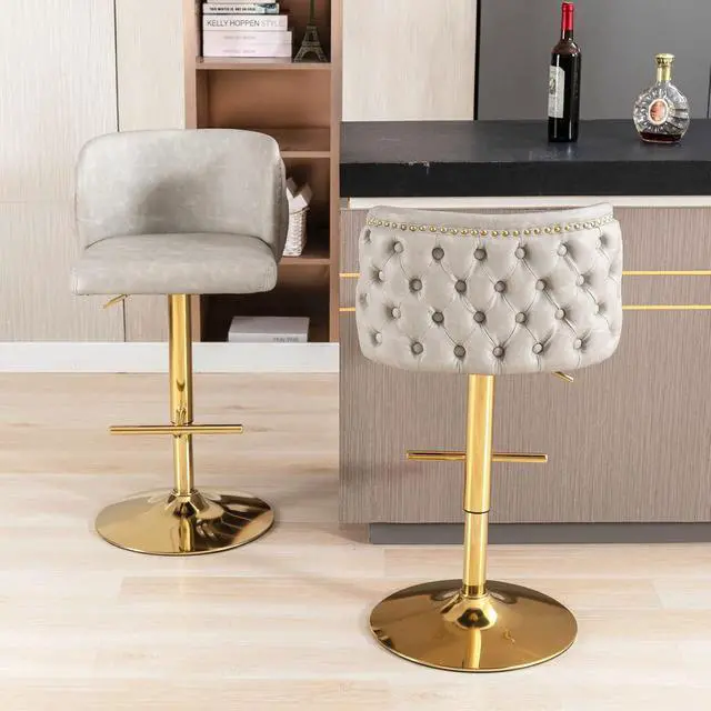 Alt view image 2 of 6 - Leather Bar Stools Set of 2PU Upholstered Swivel Counter Height Bar StoolsModern Adjustable High Barstools with Backs Metal Tall Kitchen Island Chairs for Home Bar& Counter Stools(Grey,Set of 2)