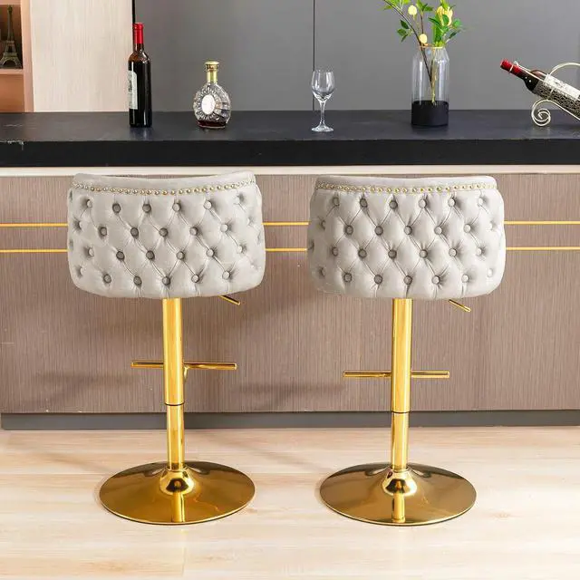 Alt view image 6 of 6 - Leather Bar Stools Set of 2PU Upholstered Swivel Counter Height Bar StoolsModern Adjustable High Barstools with Backs Metal Tall Kitchen Island Chairs for Home Bar& Counter Stools(Grey,Set of 2)