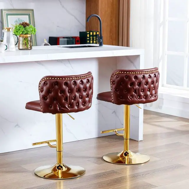 Alt view image 6 of 6 - Leather Bar Stools Set of 4,PU Upholstered Swivel Counter Height Bar Stools,Modern Adjustable High Barstools with Backs Metal Tall Kitchen Island Chairs for Home Bar& Counter Stools(Red,Set of 4)