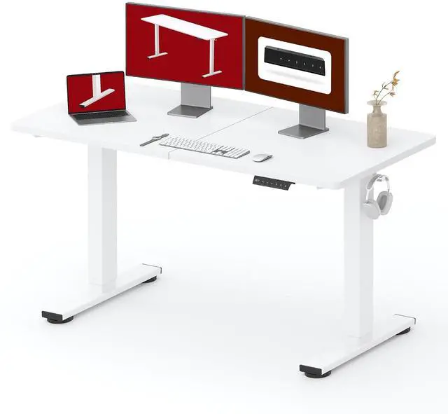 Main image of Height Adjustable Electric Standing Desk 55x24 Inches, Sit Stand Desk with Splice Board for Home Office, Ergonomic Computer Workstation, Study & Gaming, White Frame/White Top