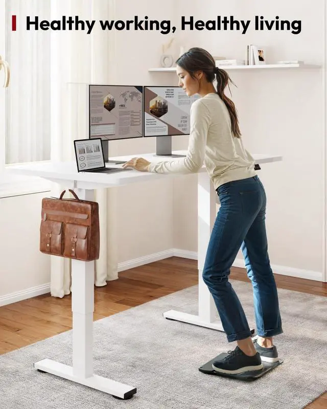 Alt view image 3 of 7 - Height Adjustable Electric Standing Desk 55x24 Inches, Sit Stand Desk with Splice Board for Home Office, Ergonomic Computer Workstation, Study & Gaming, White Frame/White Top