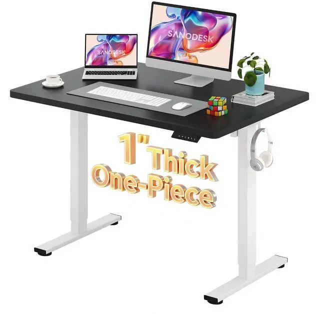 Main image of Electric Standing Desk 48 x 30 Inches Whole-Piece Desktop Height Adjustable Stand Up Desk w/6-Button Controller Ergonomic Computer Desk for Home Office, White Frame + Black Tabletop