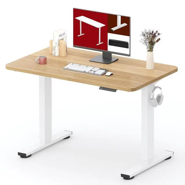 Main image of Height Adjustable Electric Standing Desk 40x24 Inches, Sit Stand Desk with Splice Board for Home Office, Ergonomic Computer Workstation, Study & Gaming, White Frame/Maple Top