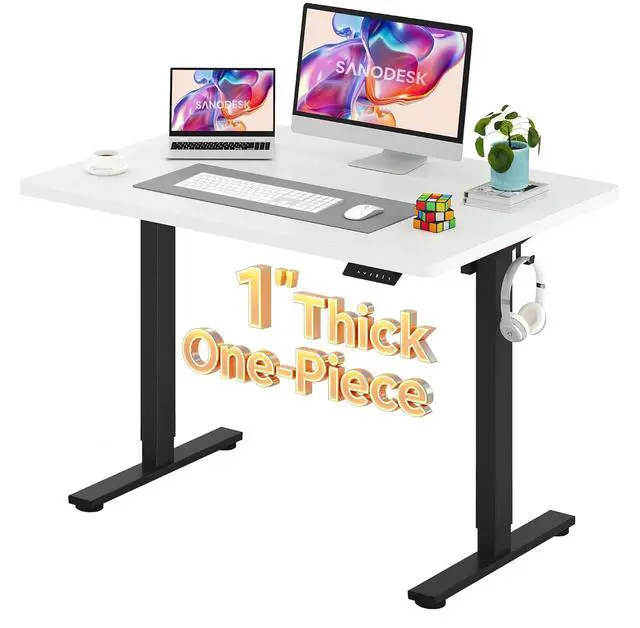 Main image of Electric Standing Desk 48 x 30 Inches Whole-Piece Desktop Height Adjustable Stand Up Desk w/6-Button Controller Ergonomic Computer Desk for Home Office, Black Frame + White Tabletop