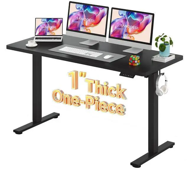 Main image of Electric Standing Desk 60 x 24 Inches Whole-Piece Desktop Height Adjustable Stand Up Desk w/6-Button Controller Ergonomic Computer Desk for Home Office, Black Frame + Black Tabletop