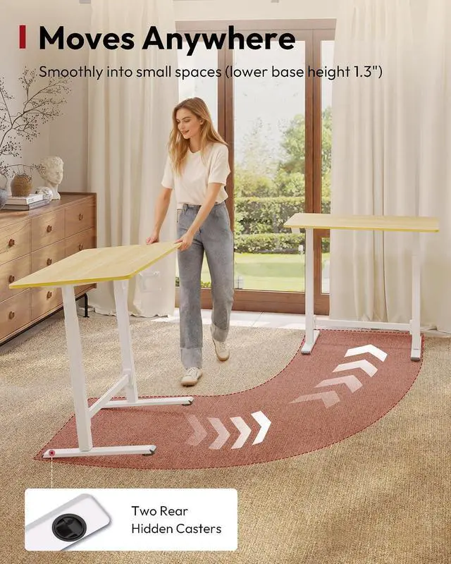 Alt view image 4 of 7 - Mobile Workstation Standing Desk with Gas-Spring Lift, Rolling Desk Adjustable Height, One-Piece Desktop Workstation with WheelsWalking Pad & Treadmill Compatible, Portable Home Office Desk