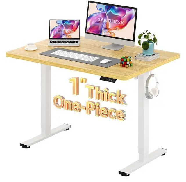 Main image of Electric Standing Desk 48 x 30 Inches Whole-Piece Desktop Height Adjustable Stand Up Desk w/6-Button Controller Ergonomic Computer Desk for Home Office, White Frame + Natural Tabletop