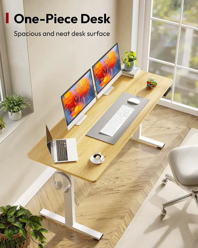 Alt view image 2 of 7 - One-Piece Electric Standing Desk, Seamless 60 x 24'' Ergonomic Height Adjustable Sit Stand Desk with Memory Presets for Home Office Computer Workstation, White Frame/Natural Top