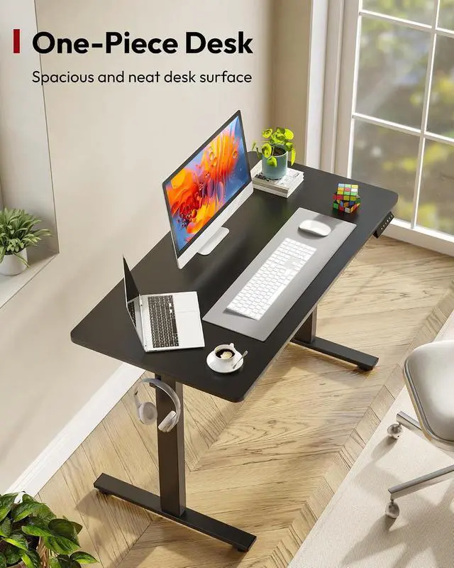 Alt view image 2 of 7 - One-Piece Electric Standing Desk, Seamless 48 x 24'' Ergonomic Height Adjustable Sit Stand Desk with Memory Presets for Home Office Computer Workstation, Black Frame/Black Top