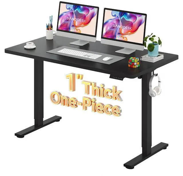 Main image of Electric Standing Desk 55 x 28 Inches Whole-Piece Desktop Height Adjustable Stand Up Desk w/6-Button Controller Ergonomic Computer Desk for Home Office, Black Frame + Black Tabletop