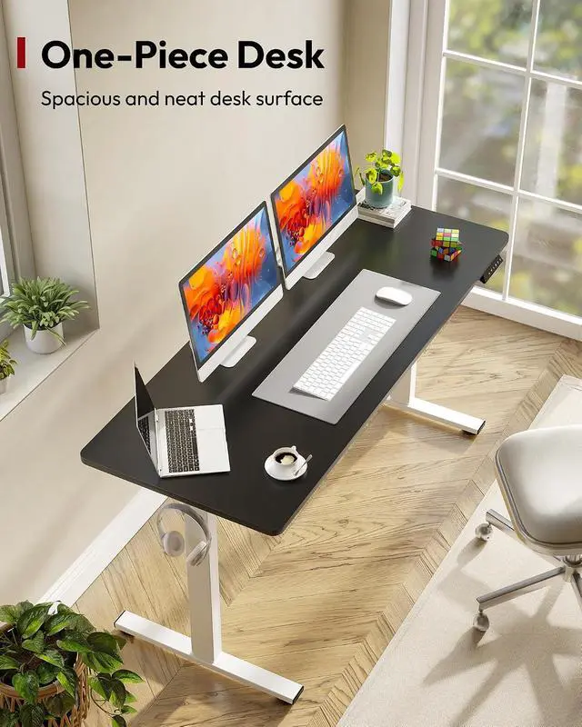 Alt view image 2 of 7 - One-Piece Electric Standing Desk, Seamless 60 x 24'' Ergonomic Height Adjustable Sit Stand Desk with Memory Presets for Home Office Computer Workstation, White Frame/Black Top