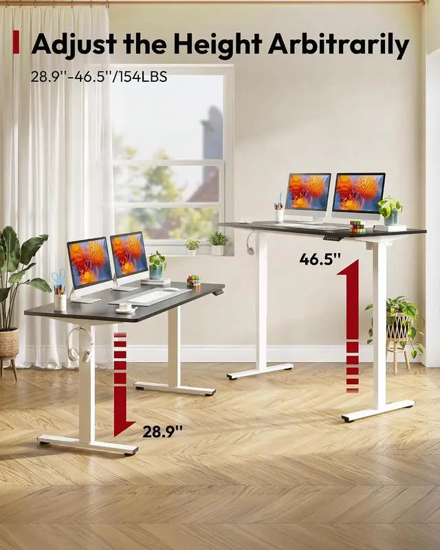 Alt view image 6 of 7 - One-Piece Electric Standing Desk, Seamless 60 x 24'' Ergonomic Height Adjustable Sit Stand Desk with Memory Presets for Home Office Computer Workstation, White Frame/Black Top