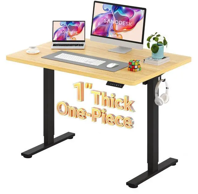 Main image of Electric Standing Desk 48 x 30 Inches Whole-Piece Desktop Height Adjustable Stand Up Desk w/6-Button Controller Ergonomic Computer Desk for Home Office, Black Frame + Natural Tabletop