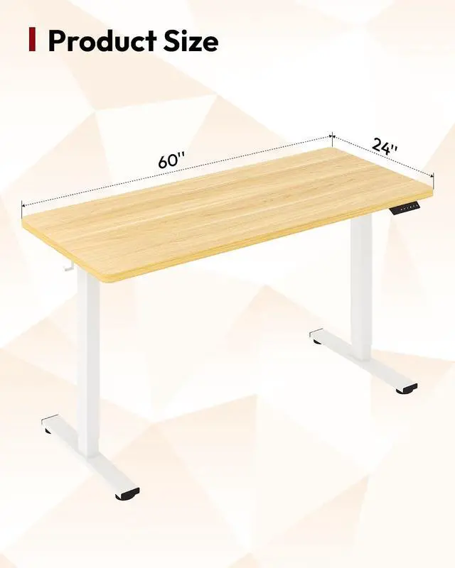 Alt view image 2 of 7 - Electric Standing Desk 60 x 24 Inches Whole-Piece Desktop Height Adjustable Stand Up Desk w/6-Button Controller Ergonomic Computer Desk for Home Office, White Frame + Natural Tabletop