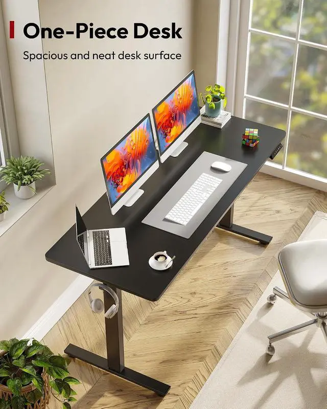 Alt view image 2 of 7 - One-Piece Electric Standing Desk, Seamless 60 x 24'' Ergonomic Height Adjustable Sit Stand Desk with Memory Presets for Home Office Computer Workstation, Black Frame/Black Top