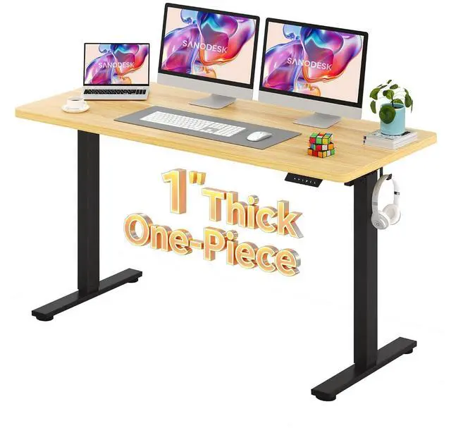 Main image of Electric Standing Desk 60 x 24 Inches Whole-Piece Desktop Height Adjustable Stand Up Desk w/6-Button Controller Ergonomic Computer Desk for Home Office, Black Frame + Natural Tabletop
