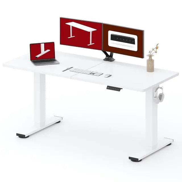 Main image of Height Adjustable Electric Standing Desk 63x24 Inches, Sit Stand Desk with Splice Board for Home Office, Ergonomic Computer Workstation, Study & Gaming, White Frame/White Top