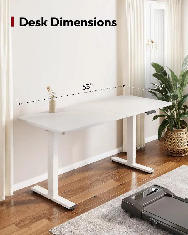 Alt view image 5 of 7 - Height Adjustable Electric Standing Desk 63x24 Inches, Sit Stand Desk with Splice Board for Home Office, Ergonomic Computer Workstation, Study & Gaming, White Frame/White Top