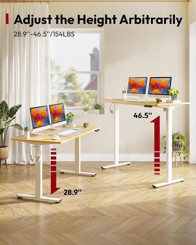 Alt view image 6 of 7 - One-Piece Electric Standing Desk, Seamless 48 x 30'' Ergonomic Height Adjustable Sit Stand Desk with Memory Presets for Home Office Computer Workstation, White Frame/Natural Top