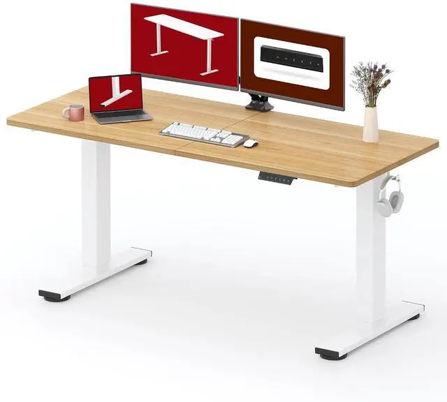 Main image of Height Adjustable Electric Standing Desk 63x24 Inches, Sit Stand Desk with Splice Board for Home Office, Ergonomic Computer Workstation, Study & Gaming, White Frame/Maple Top