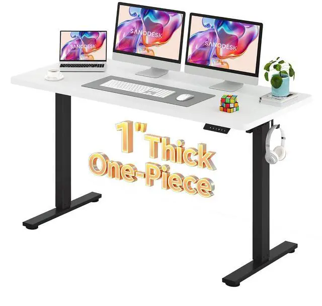 Main image of Electric Standing Desk 60 x 24 Inches Whole-Piece Desktop Height Adjustable Stand Up Desk w/6-Button Controller Ergonomic Computer Desk for Home Office, Black Frame + White Tabletop
