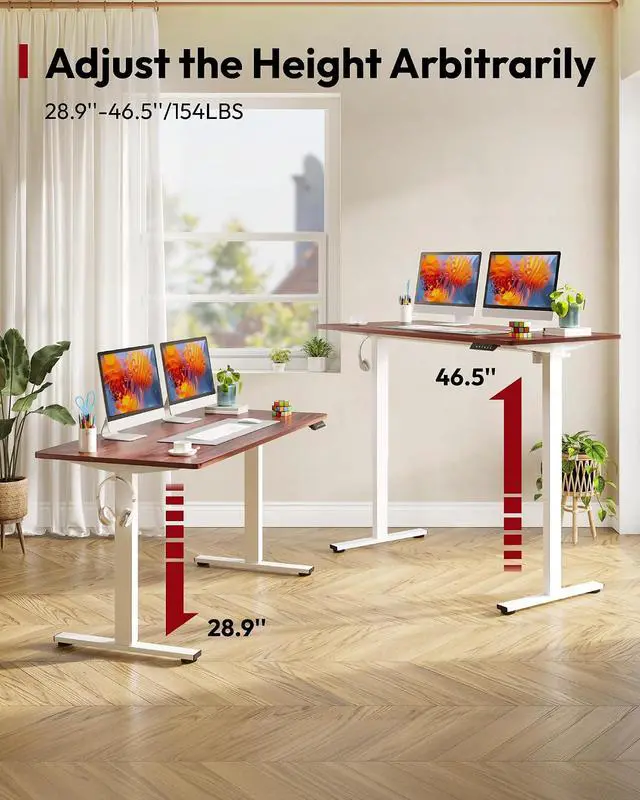 Alt view image 6 of 7 - One-Piece Electric Standing Desk, Seamless 60 x 24'' Ergonomic Height Adjustable Sit Stand Desk with Memory Presets for Home Office Computer Workstation, White Frame/Mahogany Top