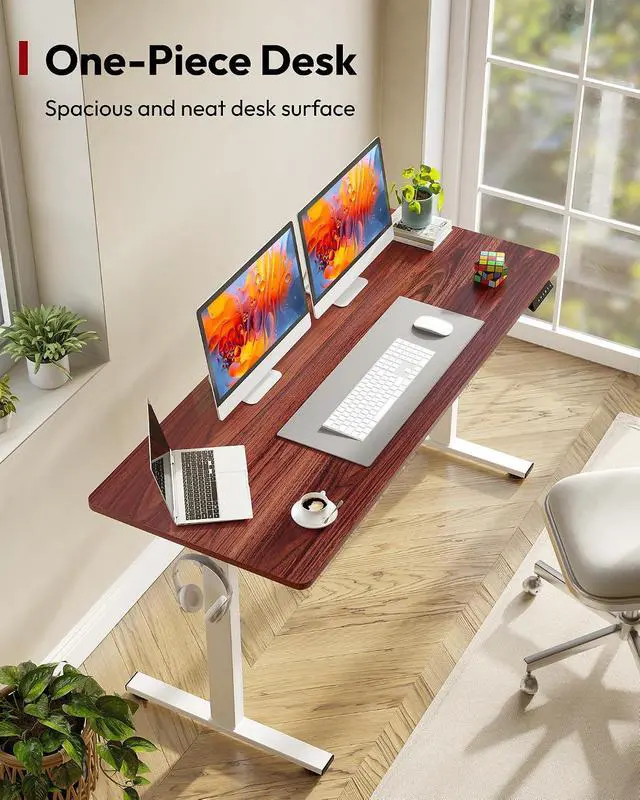 Alt view image 2 of 7 - One-Piece Electric Standing Desk, Seamless 60 x 24'' Ergonomic Height Adjustable Sit Stand Desk with Memory Presets for Home Office Computer Workstation, White Frame/Mahogany Top