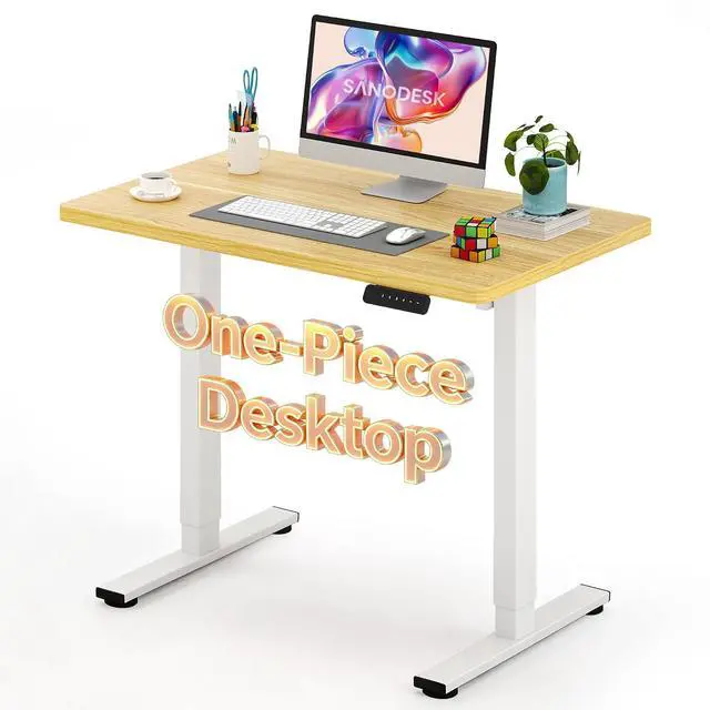 Main image of Electric Standing Desk 40 x 24 Inches Whole-Piece Desktop Height Adjustable Stand Up Desk w/6-Button Controller Ergonomic Computer Desk for Home Office, White Frame + Natural Tabletop