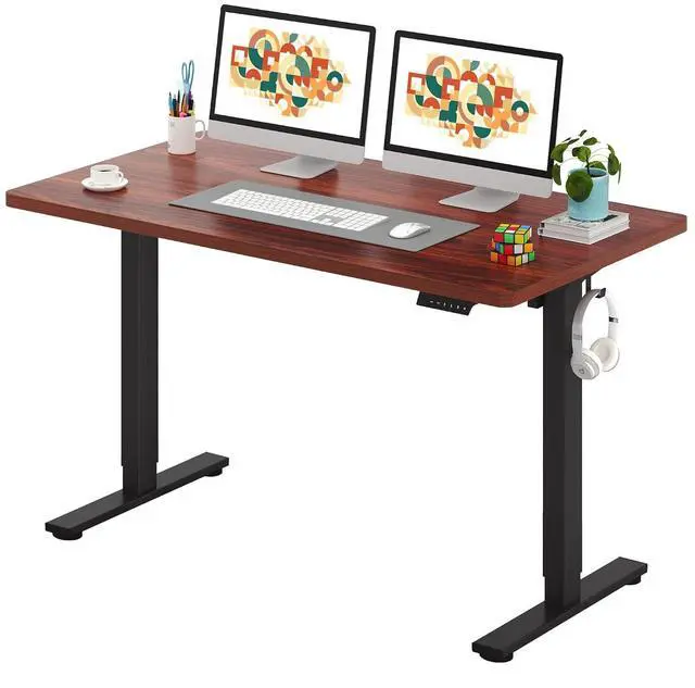 Main image of One-Piece Electric Standing Desk, Seamless 55 x 28'' Ergonomic Height Adjustable Sit Stand Desk with Memory Presets for Home Office Computer Workstation, Black Frame/Mahogany Top