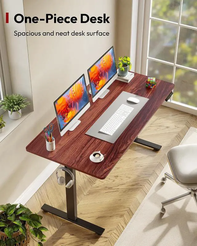 Alt view image 2 of 7 - One-Piece Electric Standing Desk, Seamless 55 x 28'' Ergonomic Height Adjustable Sit Stand Desk with Memory Presets for Home Office Computer Workstation, Black Frame/Mahogany Top