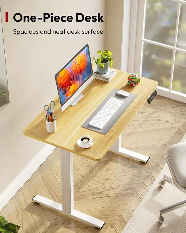 Alt view image 6 of 7 - Electric Standing Desk 40 x 24 Inches Whole-Piece Desktop Height Adjustable Stand Up Desk w/6-Button Controller Ergonomic Computer Desk for Home Office, White Frame + Natural Tabletop