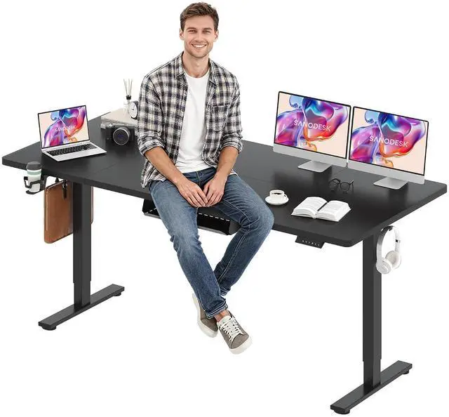 Main image of Electric Standing Desk 79 x 32 Inches, Height Adjustable Sit Stand with Large Splice Board Desktop for Home Office, Computer WorkstationsMemory Ergonomic Computer Desk, Black Frame/Black Top