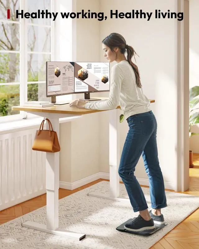 Alt view image 2 of 7 - Height Adjustable Electric Standing Desk 40x24 Inches, Sit Stand Desk with Splice Board for Home Office, Ergonomic Computer Workstation, Study & Gaming, White Frame/Maple Top