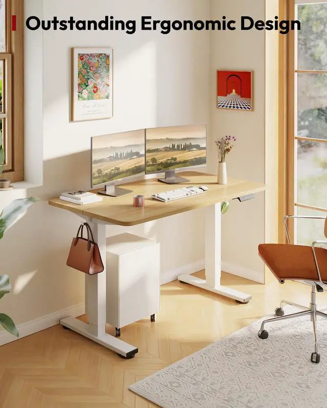 Alt view image 4 of 7 - Height Adjustable Electric Standing Desk 40x24 Inches, Sit Stand Desk with Splice Board for Home Office, Ergonomic Computer Workstation, Study & Gaming, White Frame/Maple Top