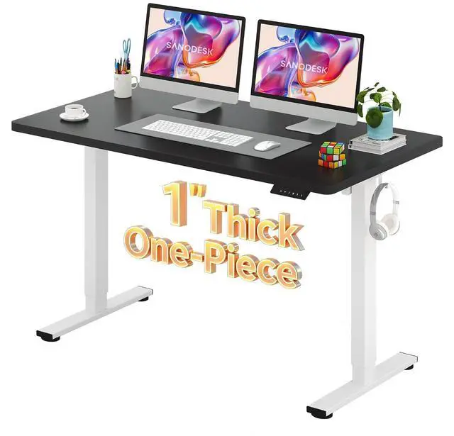 Main image of Electric Standing Desk 55 x 28 Inches Whole-Piece Desktop Height Adjustable Stand Up Desk w/6-Button Controller Ergonomic Computer Desk for Home Office, White Frame + Black Tabletop