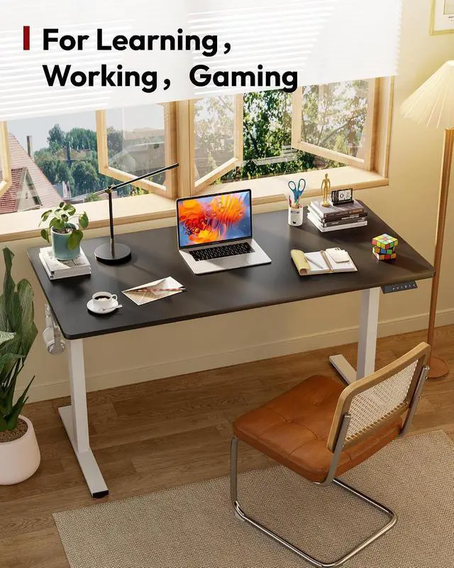 Alt view image 4 of 7 - Electric Standing Desk 55 x 28 Inches Whole-Piece Desktop Height Adjustable Stand Up Desk w/6-Button Controller Ergonomic Computer Desk for Home Office, White Frame + Black Tabletop