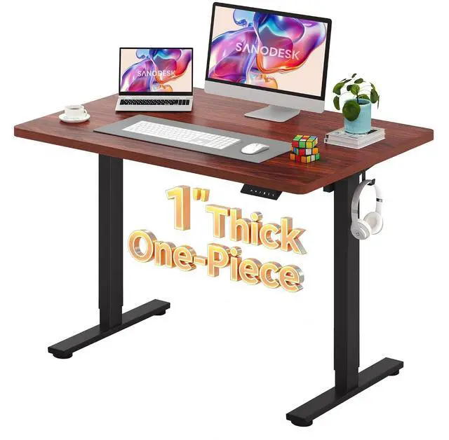 Main image of Electric Standing Desk 48 x 30 Inches Whole-Piece Desktop Height Adjustable Stand Up Desk w/6-Button Controller Ergonomic Computer Desk for Home Office, Black Frame + Mahogany Tabletop