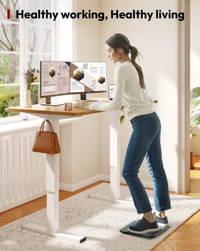 Alt view image 3 of 7 - Height Adjustable Electric Standing Desk 63x24 Inches, Sit Stand Desk with Splice Board for Home Office, Ergonomic Computer Workstation, Study & Gaming, White Frame/Maple Top