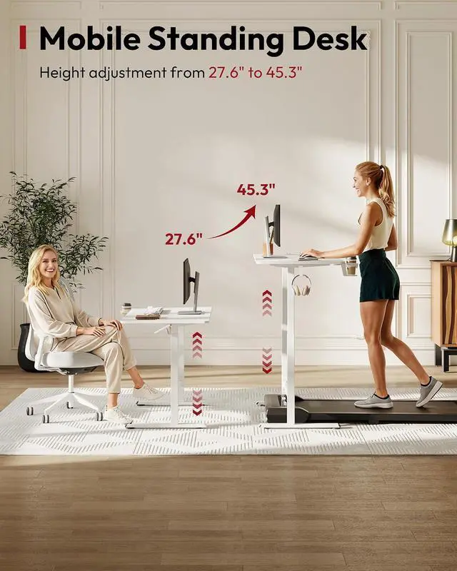 Alt view image 4 of 7 - Mobile Workstation Standing Desk with Gas-Spring Lift, Rolling Desk Adjustable Height, One-Piece Desktop Workstation with WheelsWalking Pad & Treadmill Compatible, Portable Home Office Desk