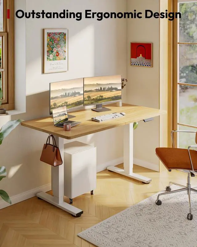 Alt view image 4 of 7 - Height Adjustable Electric Standing Desk 63x24 Inches, Sit Stand Desk with Splice Board for Home Office, Ergonomic Computer Workstation, Study & Gaming, White Frame/Maple Top