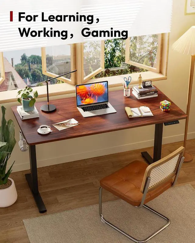 Alt view image 3 of 7 - Electric Standing Desk 48 x 30 Inches Whole-Piece Desktop Height Adjustable Stand Up Desk w/6-Button Controller Ergonomic Computer Desk for Home Office, Black Frame + Mahogany Tabletop