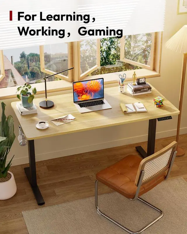 Alt view image 3 of 7 - Electric Standing Desk 48 x 30 Inches Whole-Piece Desktop Height Adjustable Stand Up Desk w/6-Button Controller Ergonomic Computer Desk for Home Office, Black Frame + Natural Tabletop
