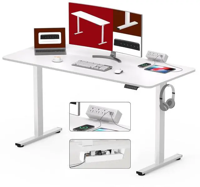 Main image of Electric Standing Desk with Desk Clamp Power Strip 60"x 24" Whole-Piece Desktop Height Adjustable Stand Up Desk with Cable Management Sit Stand Home Office Desk White Frame/White Top