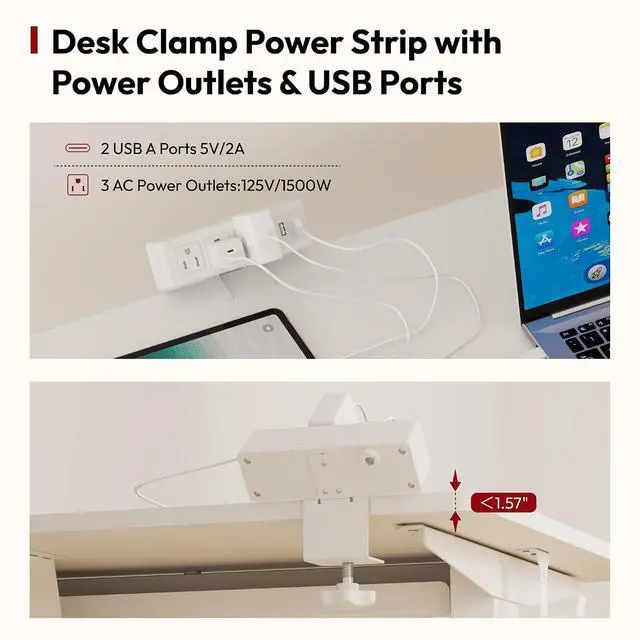 Alt view image 3 of 7 - Electric Standing Desk with Desk Clamp Power Strip 60"x 24" Whole-Piece Desktop Height Adjustable Stand Up Desk with Cable Management Sit Stand Home Office Desk White Frame/White Top
