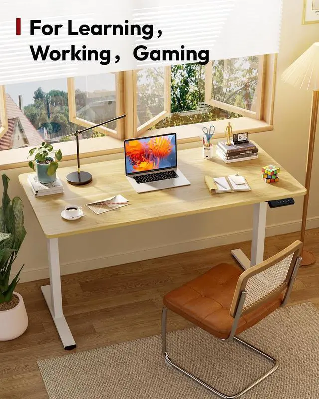Alt view image 3 of 7 - Electric Standing Desk 40 x 24 Inches Whole-Piece Desktop Height Adjustable Stand Up Desk w/6-Button Controller Ergonomic Computer Desk for Home Office, White Frame + Natural Tabletop